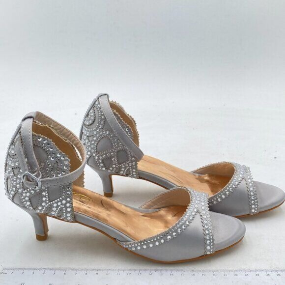 XYD Grey Chic Peep Toe D'Orsay Kitten Heel Rhinestone Studs Ankle Strap Sandal - Picture 4 of 8